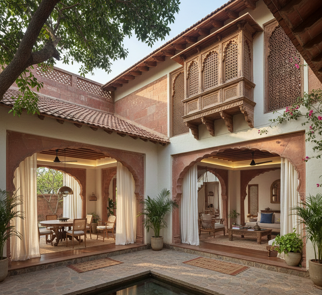 A heritage-modern Indian home with a central courtyard designed for natural light and airflow.