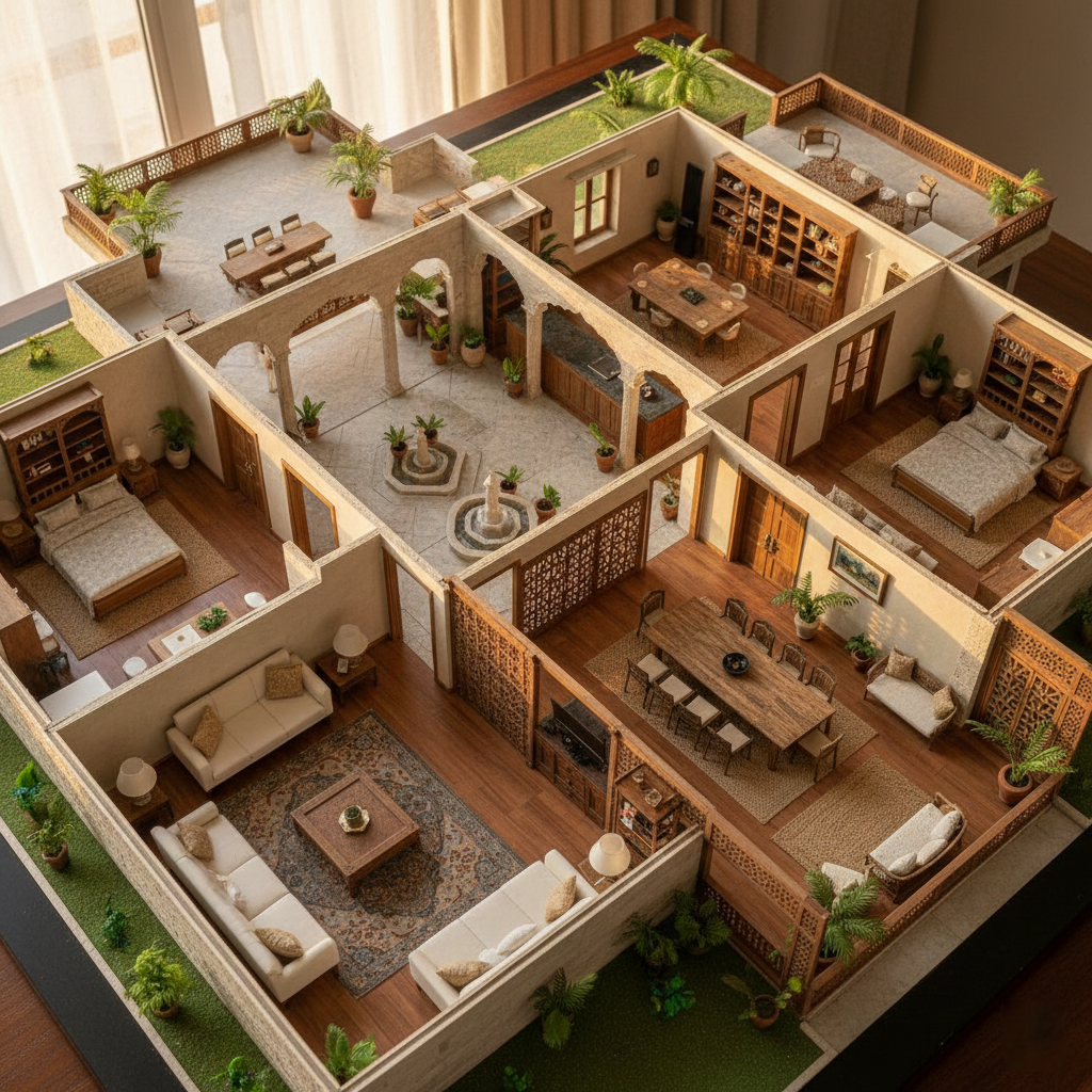 Heritage-modern Indian home floor plan with central courtyard, terraces, verandas, and traditional jharokhas.