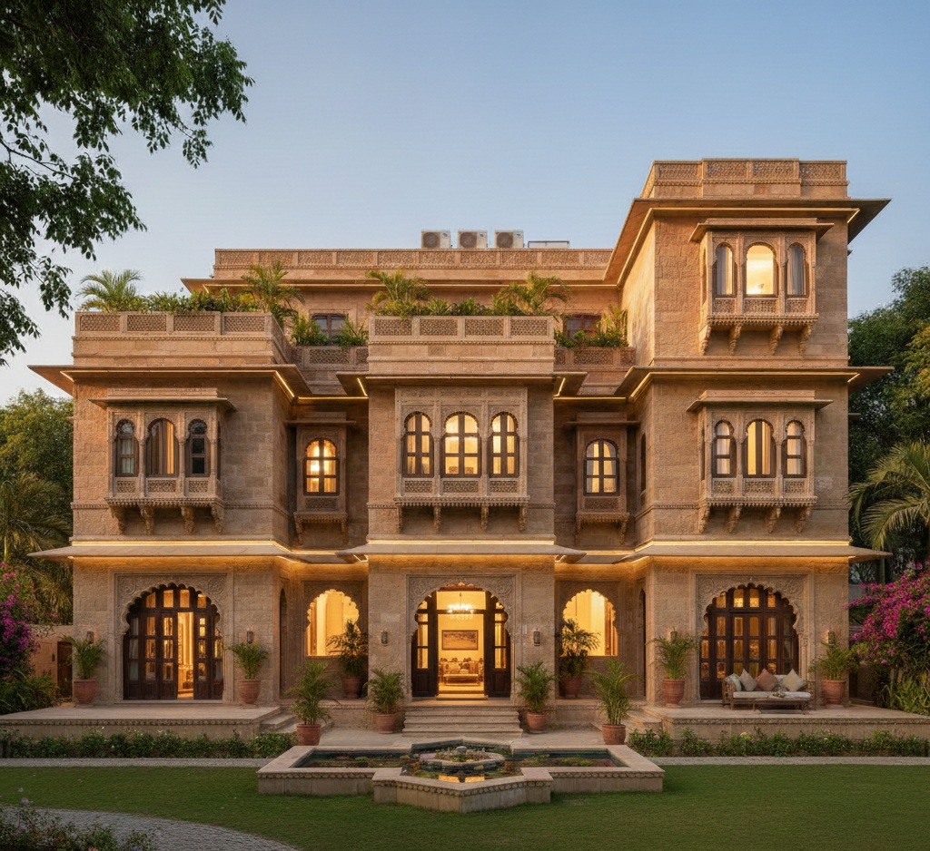 Haveli-inspired luxury house design with carved stone façade, jharokhas, and traditional Indian detailing by Chithra ArchDesign