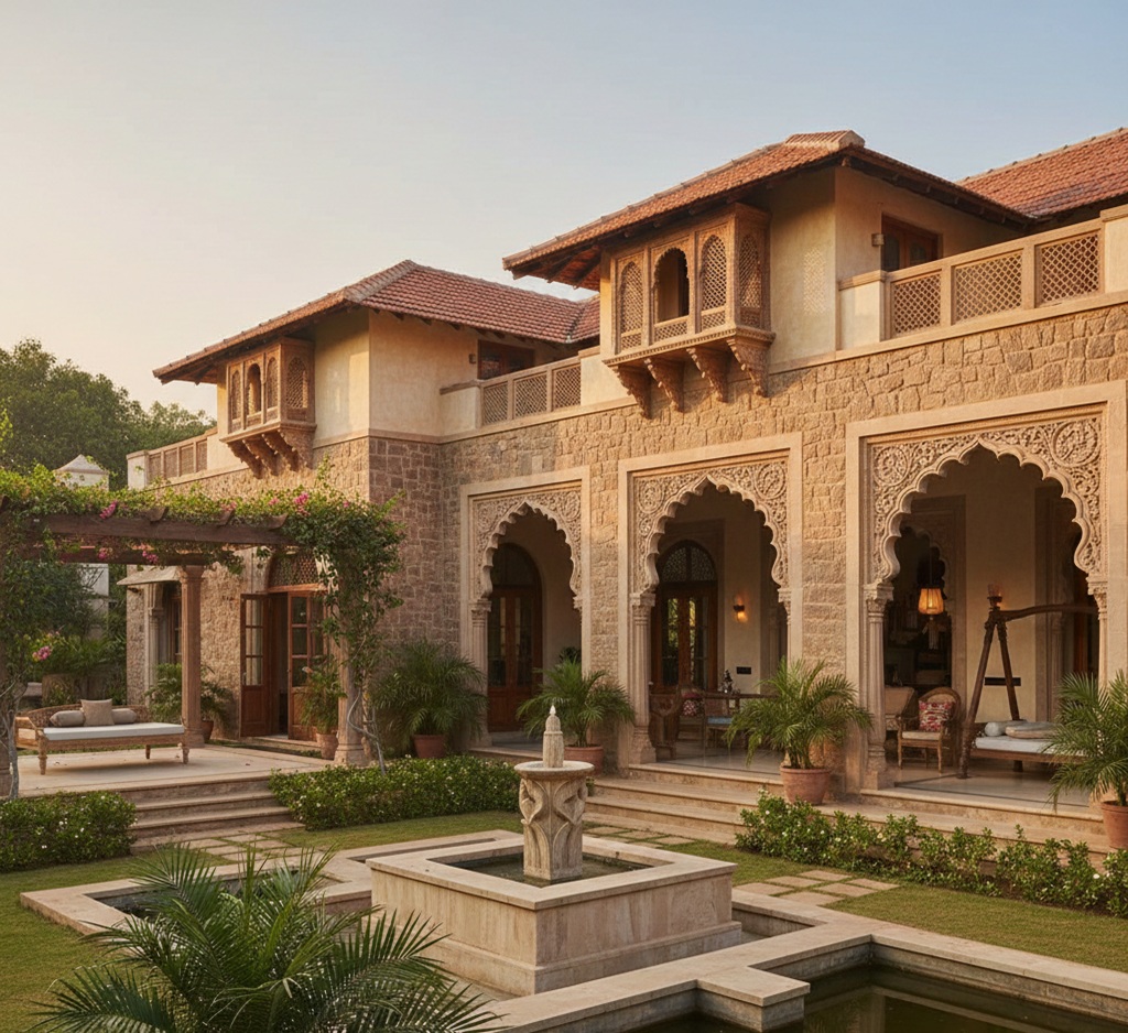 Heritage stone house design with verandahs, arches, and traditional Indian elements by Chithra ArchDesign