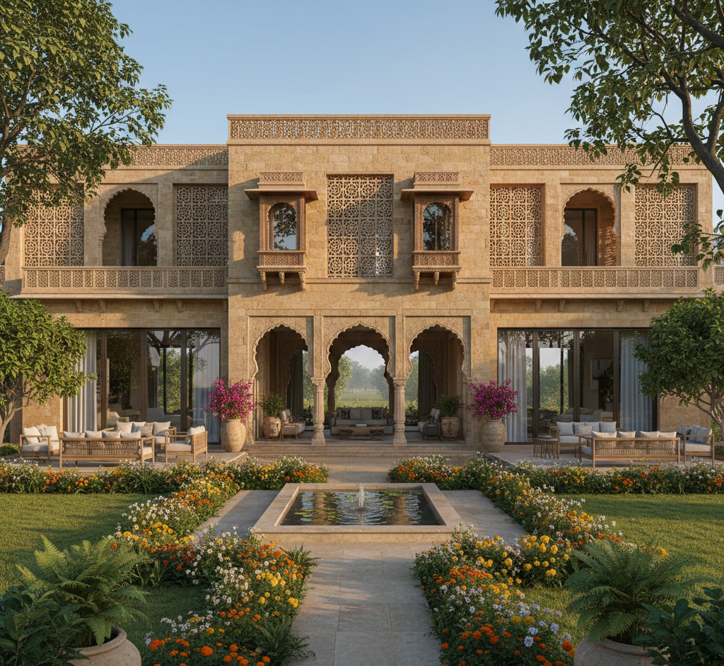 Luxury heritage-modern Indian house with Vastu-aligned facade, carved wooden jharokhas, arches, terraces, and landscaped gardens by Chithra ArchDesign