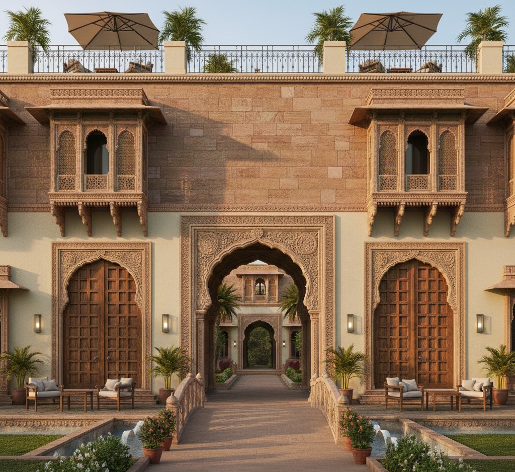 Traditional Indian courtyard house design with carved arches and landscaped central space by Chithra ArchDesign