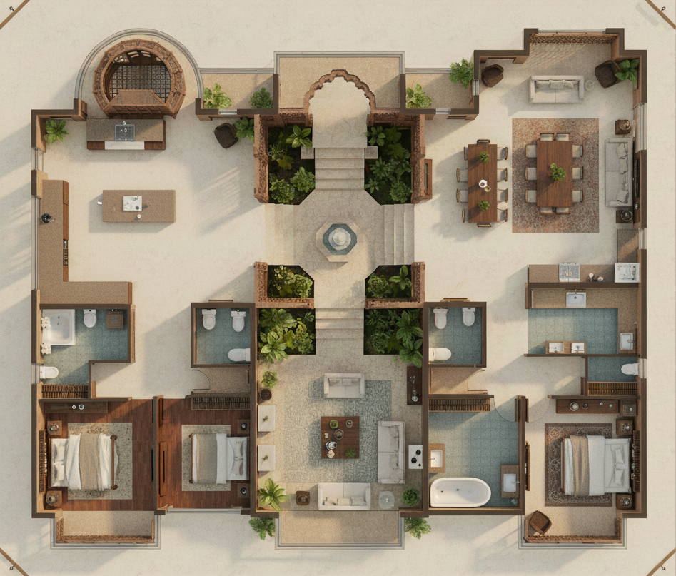 2D floor plan of a heritage-modern Indian home with central courtyard, living areas, kitchen, and bedrooms with attached bathrooms.