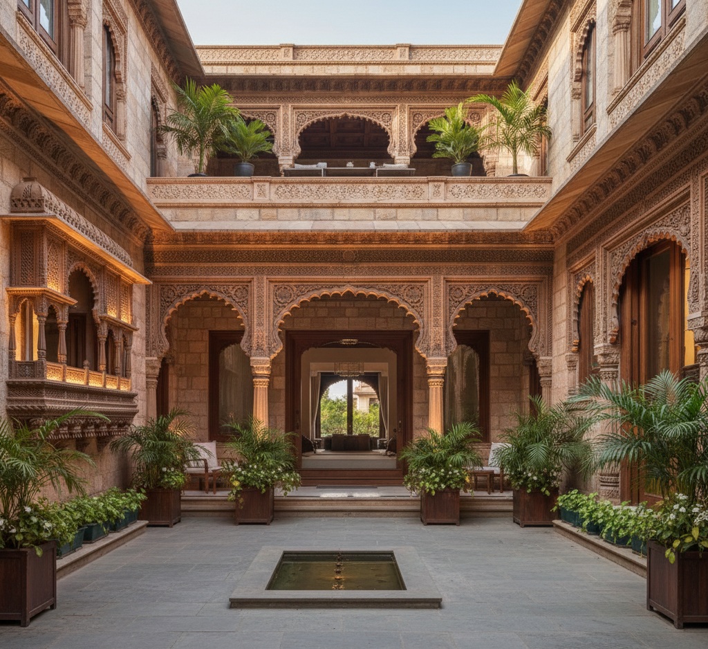 Traditional Indian house design with courtyards, carved arches, and heritage planning by Chithra Archdesign