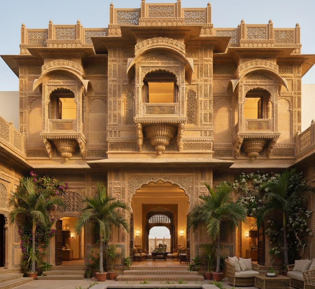 Haveli-inspired residential house design with carved stone façades, jharokhas, and traditional Indian detailing by Chithra Archdesign