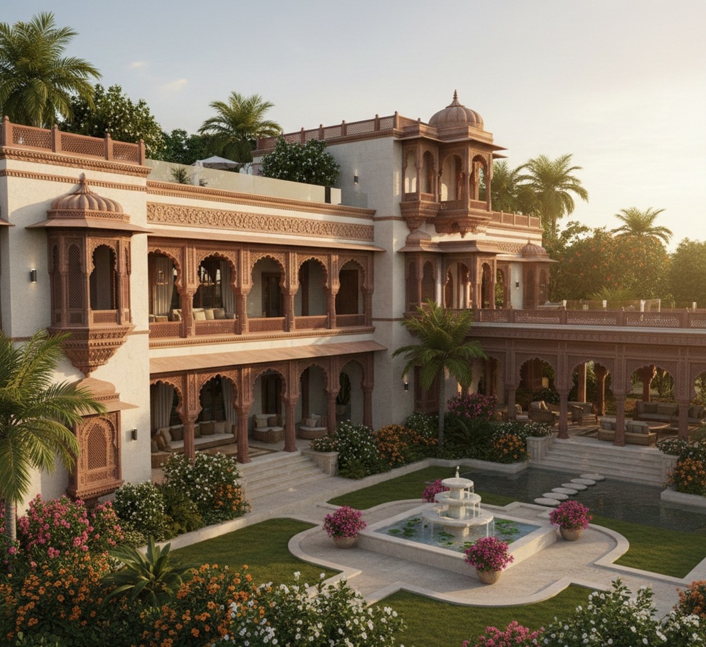 Palace-style Indian house design with central courtyard, arches, and luxury finishes by Chithra ArchDesign