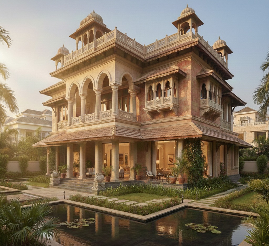 Bungalow style residential home with traditional Indian design elements and Vastu-based planning