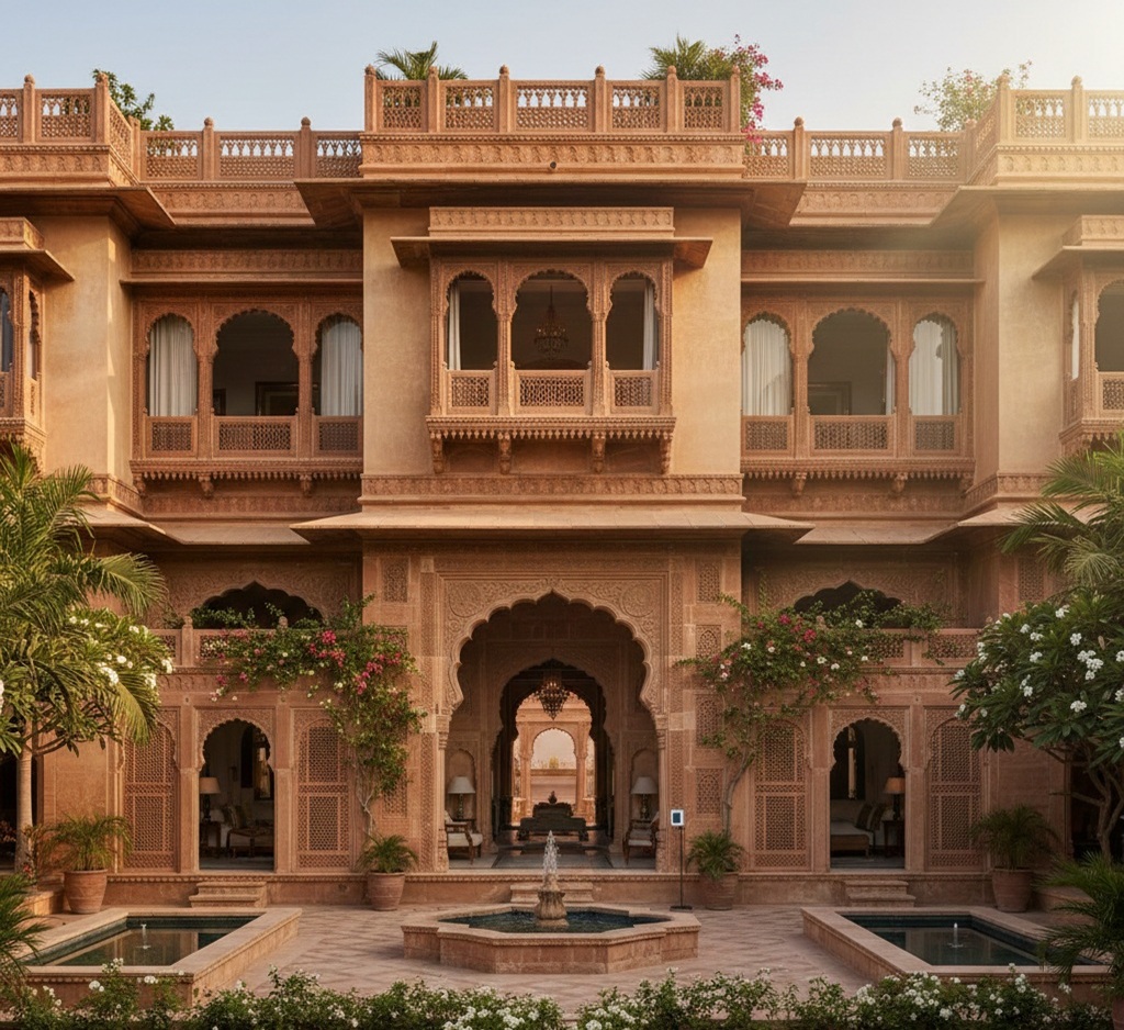 Luxury heritage house design with traditional Indian elements, gardens, and courtyards by Chithra ArchDesign