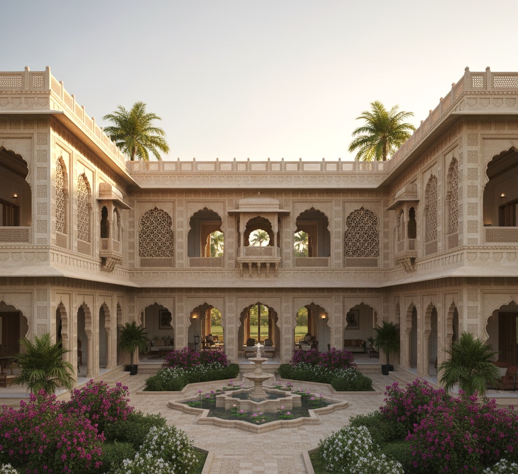 Haveli courtyard house design with carved stone arches and water feature by Chithra ArchDesign